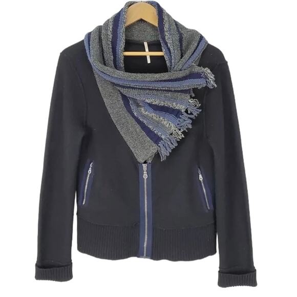 Free People Zip Up Cardigan Sweater Faux Scarf Wrap 100% Wool Women's Medium - Picture 1 of 6